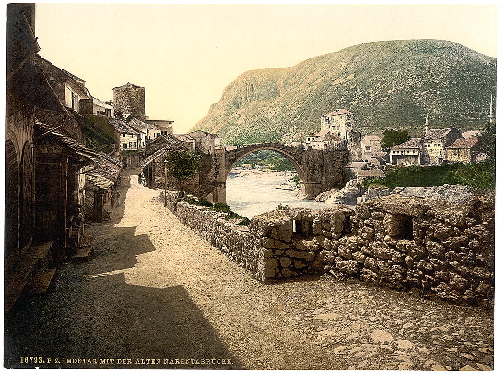A picture of Mostar, with old Narenta Bridge, Herzegowina, Austro-Hungary