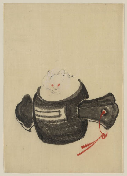 A picture of Mouse, facing front, sitting on a mallet with red ribbon through a hole in the handle