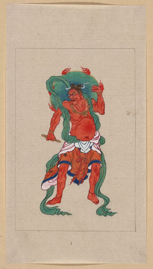A picture of Mythological Buddhist or Hindu figure, full-length, standing, facing front, with long green sash and flaming green halo behind his head