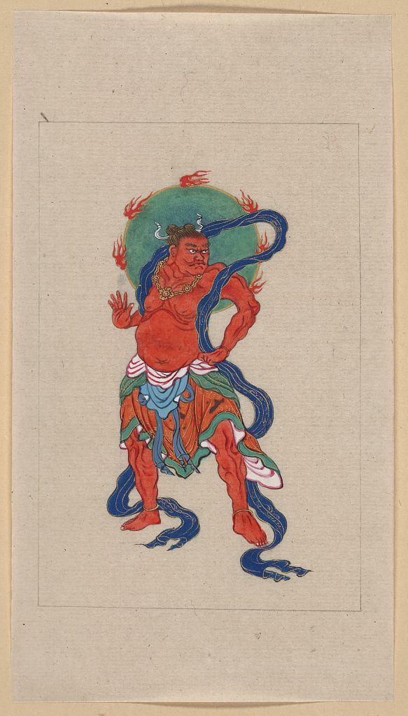 A picture of Mythological Buddhist or Hindu figure, full-length, standing, facing right, with long blue sash and flaming green halo behind his head