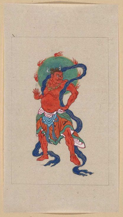 A picture of Mythological Buddhist or Hindu figure, full-length, standing, facing right, with long blue sash and flaming green halo behind his head