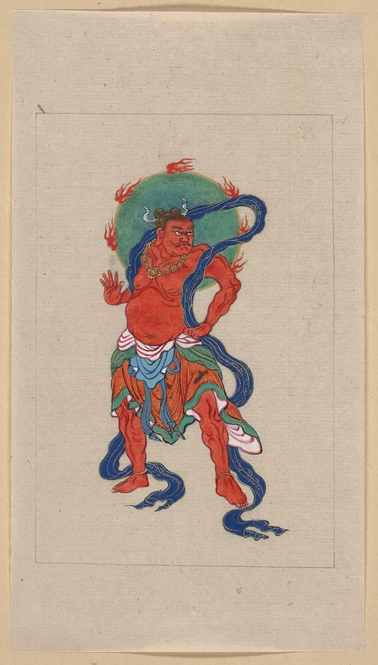 A picture of Mythological Buddhist or Hindu figure, full-length, standing, facing right, with long blue sash and flaming green halo behind his head