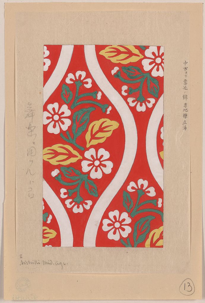 A picture of Nishiki brocade with cherry blossoms and wave designs on red background