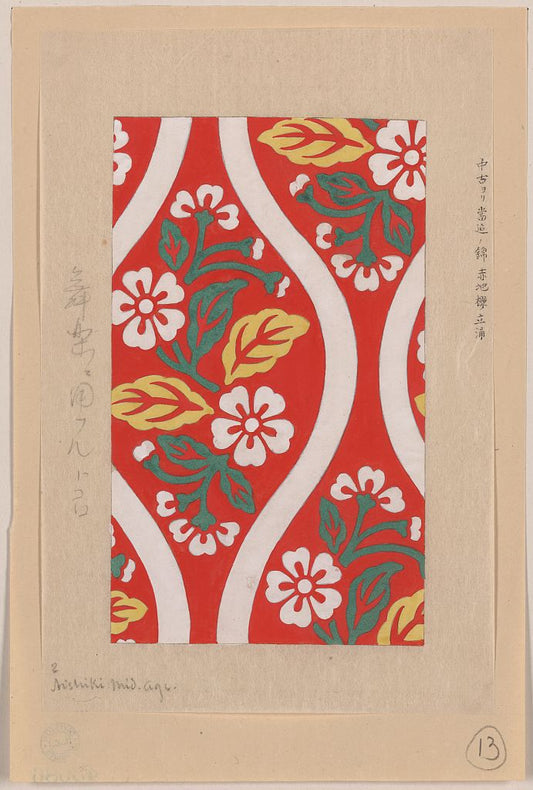 A picture of Nishiki brocade with cherry blossoms and wave designs on red background