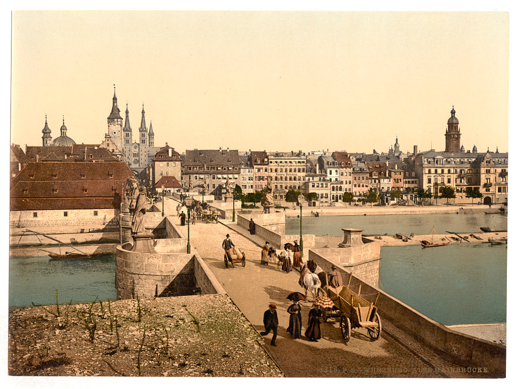 A picture of Old Main Bridge over Main River and town, Wurzburg, Bavaria, Germany