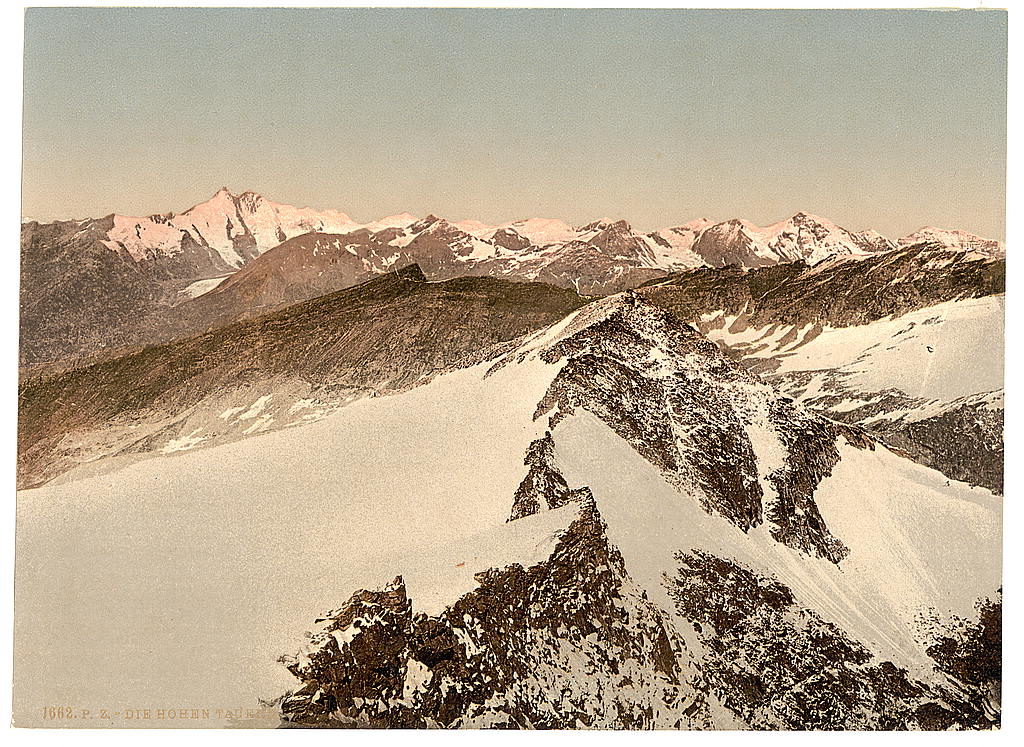 A picture of Ortler Territory, the Hohen Tauren (i.e., Hohentauern), seen from Sonnblick, Tyrol, Austro-Hungary