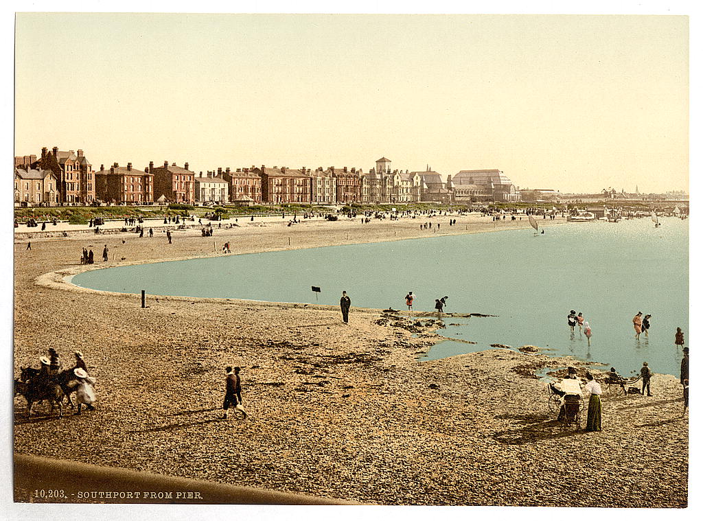 A picture of Parade (i.e., promenade) from the pier, Southport, England