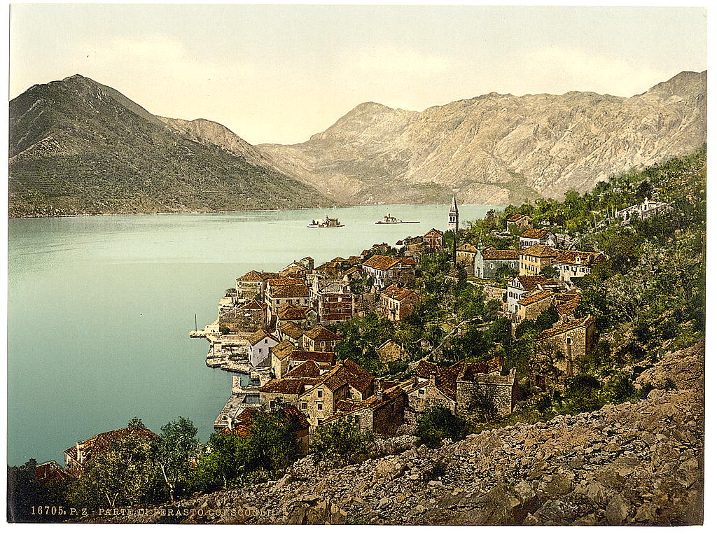A picture of Perasto, general view, showing island, Dalmatia, Austro-Hungary