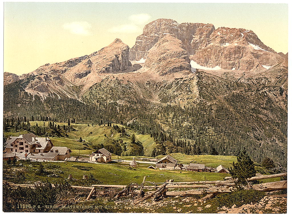 A picture of Platzweisen (i.e., Platzwiesen), hotel and Croda Rossa, Tyrol, Austro-Hungary