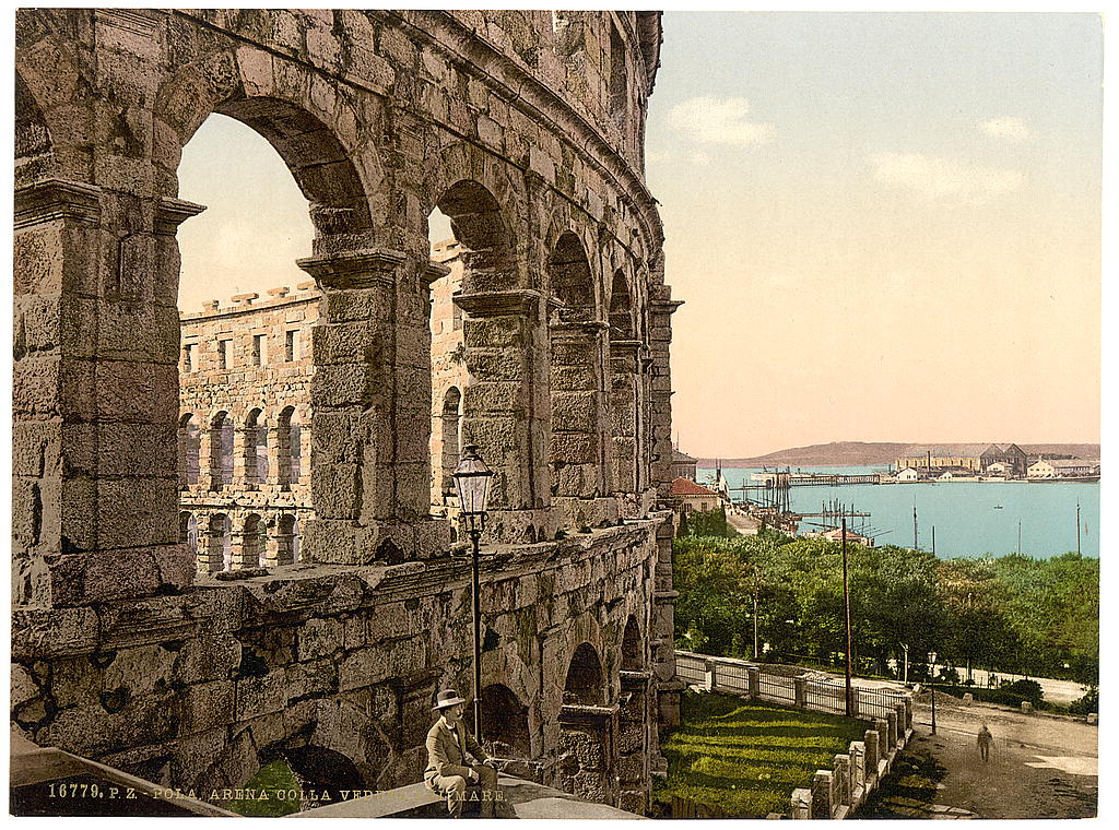 A picture of Pola, the arena, with view of the sea, Istria, Austro-Hungary