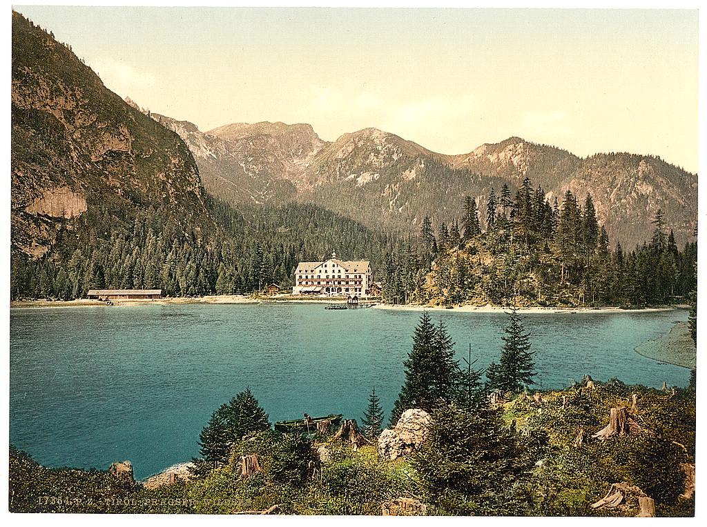 A picture of Pragser, Wilsee (i.e., Wildsee), toward Sulden, Tyrol, Austro-Hungary