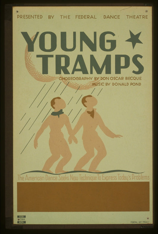 A picture of Presented by The Federal Dance Theatre "Young tramps" Choreography by Don Oscar Becque, music by Donald Pond : The American Dance seeks new technique to express today's problems.