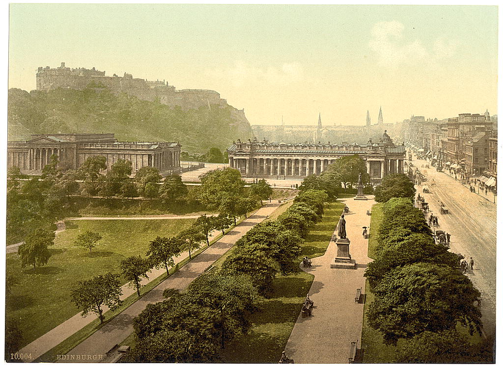 A picture of Princess Street (i.e. Princes Street) and castle from Scott's Monument, Edinburgh, Scotland