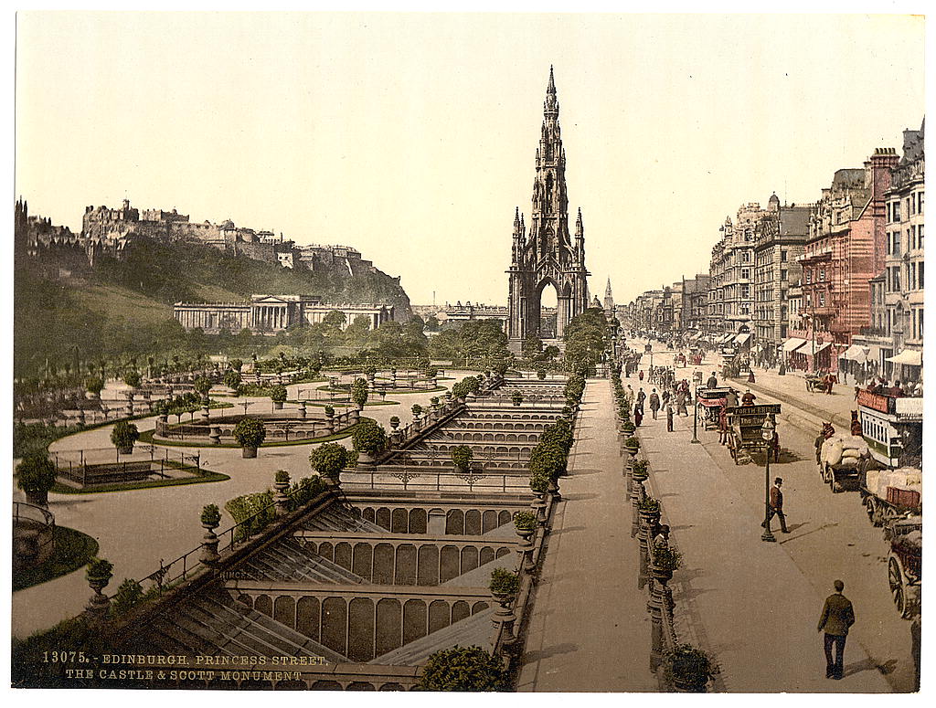 A picture of Princess Street (i.e. Princes Street), the castle, and Scott Monument, Edinburgh, Scotland