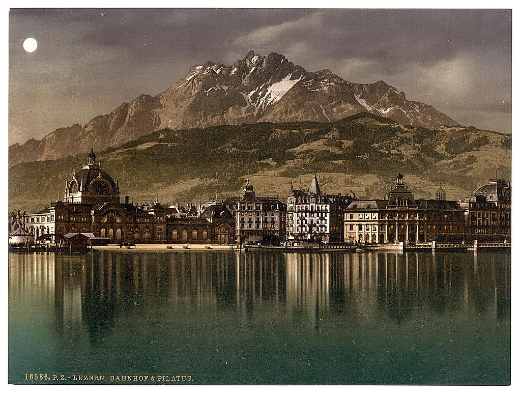 A picture of Railway station and Pilatus by moonlight, Lucerne, Switzerland