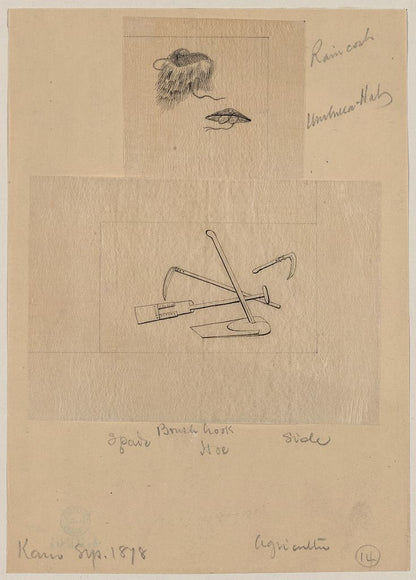 A picture of Raincoat, umbrella hat, brush hook, spade, hoe, sickle