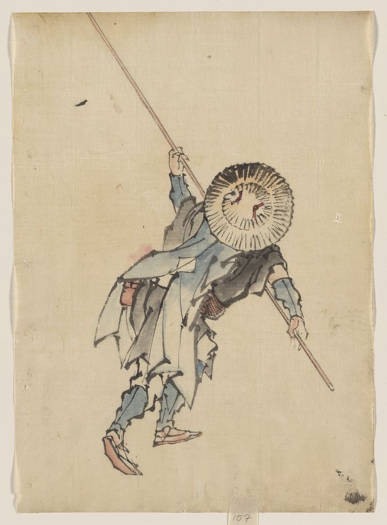 A picture of Rear view of a man, full-length, standing, wearing several layers of clothing and a rounded-top conical hat, holding a long staff, possibly used for propelling boats or for knocking fruit and nuts from tall trees