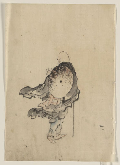 A picture of Rear view of a traveler or monk wearing cape and with large conical hat on his back, carrying a short staff in right hand