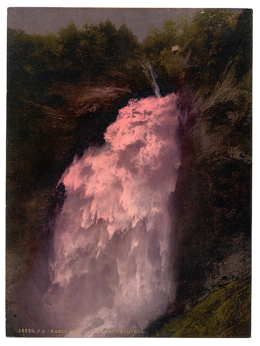A picture of Reichenbach, the Upper Falls, lighted by Bengal lights, Bernese Oberland, Switzerland