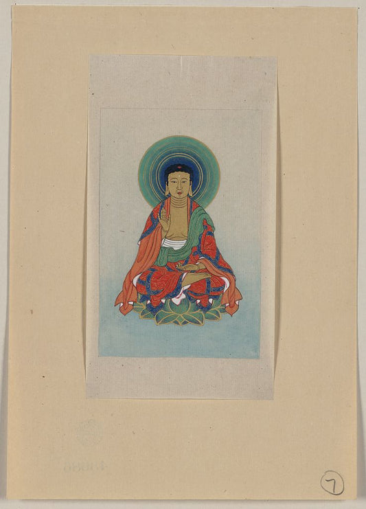 A picture of Religious figure, possibly Buddha, sitting on a lotus, facing front, with blue/green halo behind his head