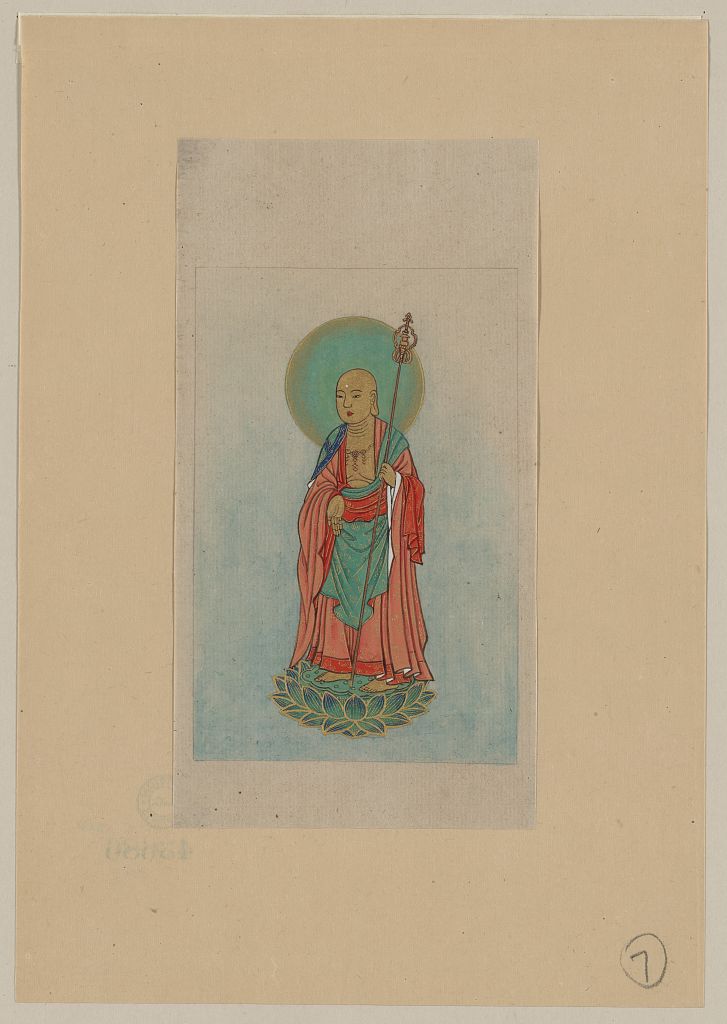 A picture of Religious figure, possibly Buddha, standing on a lotus, facing slightly left, holding a staff, with a green halo behind his head