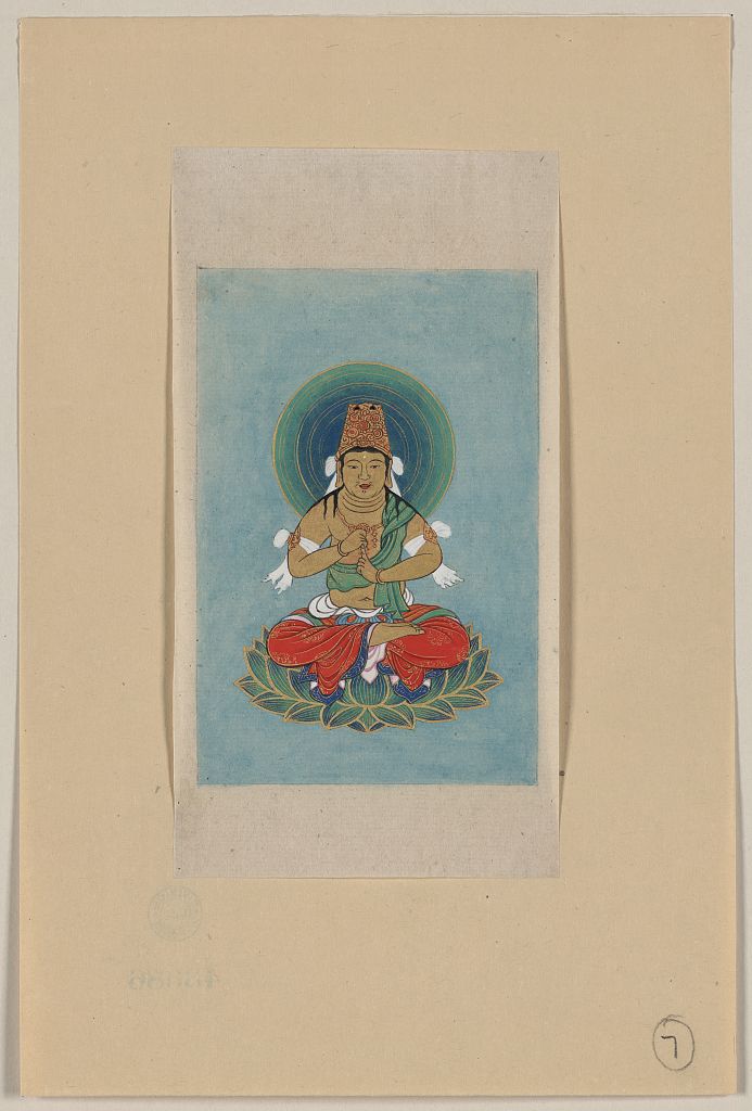 A picture of Religious figure sitting on a lotus, facing front, with blue/green halo behind his head
