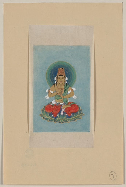 A picture of Religious figure sitting on a lotus, facing front, with blue/green halo behind his head