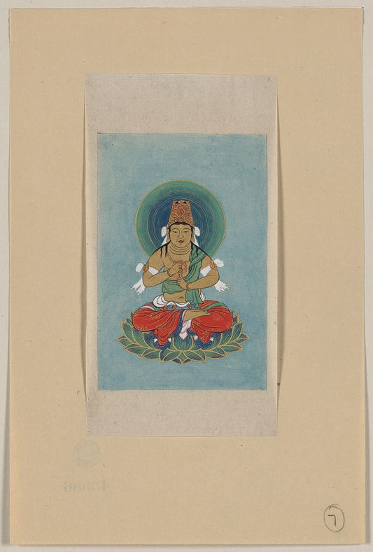 A picture of Religious figure sitting on a lotus, facing front, with blue/green halo behind his head