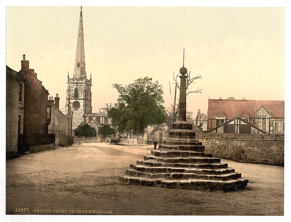 A picture of Repton Cross, church and school, Derbyshire, England