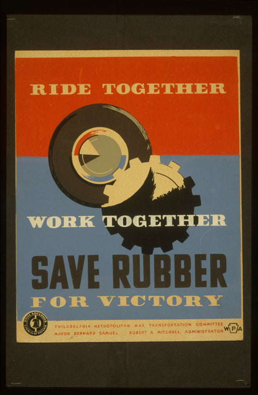 A picture of Ride together - work together - save rubber for victory