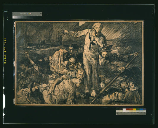 A picture of Sailors and others in a lifeboat, as one sailor gestures to a submarine in the background