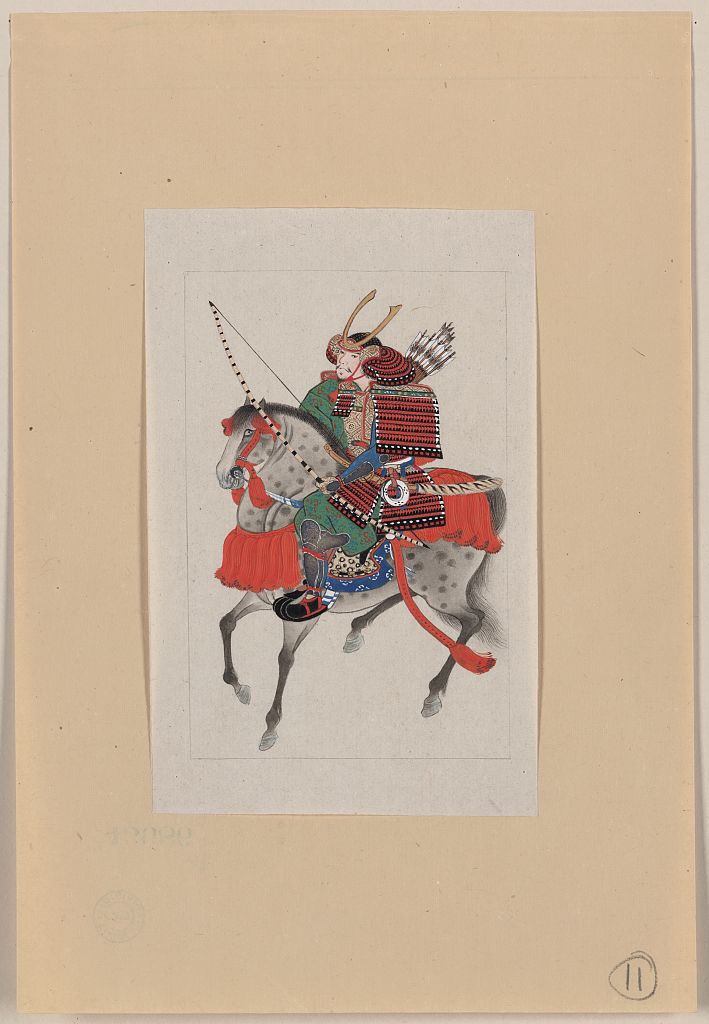 A picture of Samurai on horseback, wearing armor and horned helmet, carrying bow and arrows