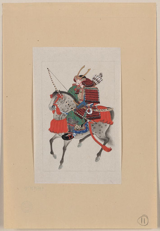 A picture of Samurai on horseback, wearing armor and horned helmet, carrying bow and arrows