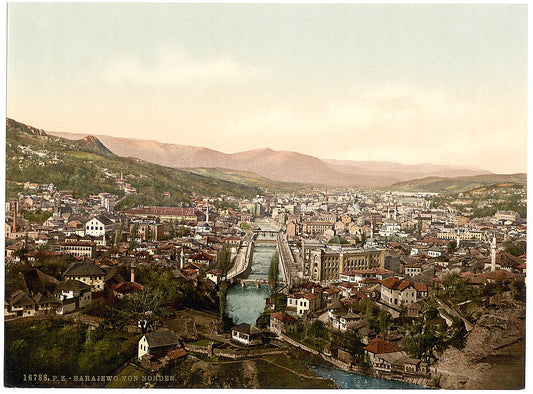 A picture of Sarajcvo (i.e., Sarajevo), from the north, Bosnia, Austro-Hungary