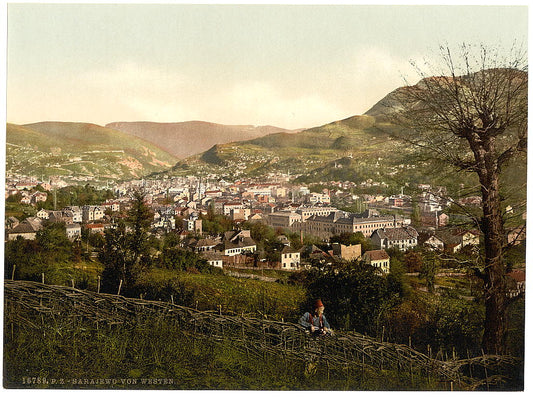 A picture of Sarajcvo (i.e., Sarajevo), from the west, Bosnia, Austro-Hungary
