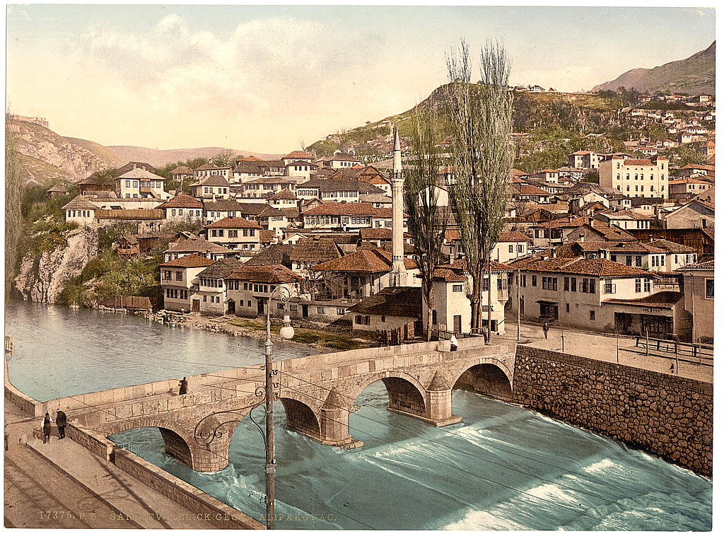A picture of Sarajcvo (i.e., Sarajevo), looking toward Alifakovak, Bosnia, Austro-Hungary