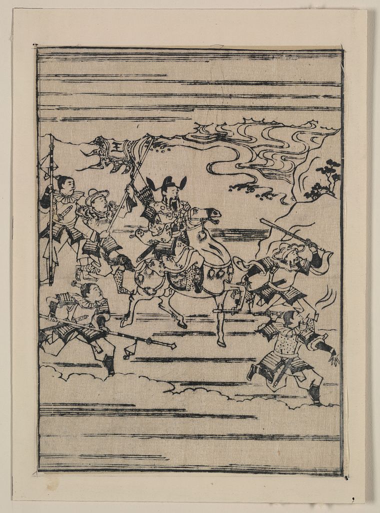 A picture of Scenes related to the Soga family - a warrior on horseback with retainers leading and following him