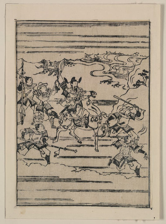 A picture of Scenes related to the Soga family - a warrior on horseback with retainers leading and following him