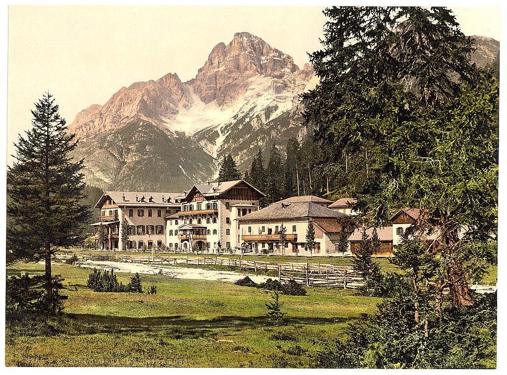 A picture of Schluderbach and Croda Pass (i.e., (Croda Rosa), Tyrol, Austro-Hungary