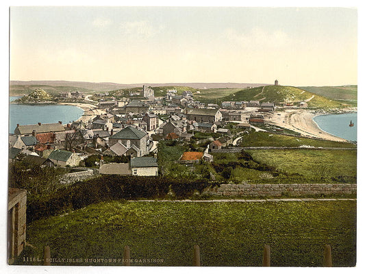 A picture of Scilly Isles, Hughtown, i.e., Hugh Town, from Garrison, Cornwall, England