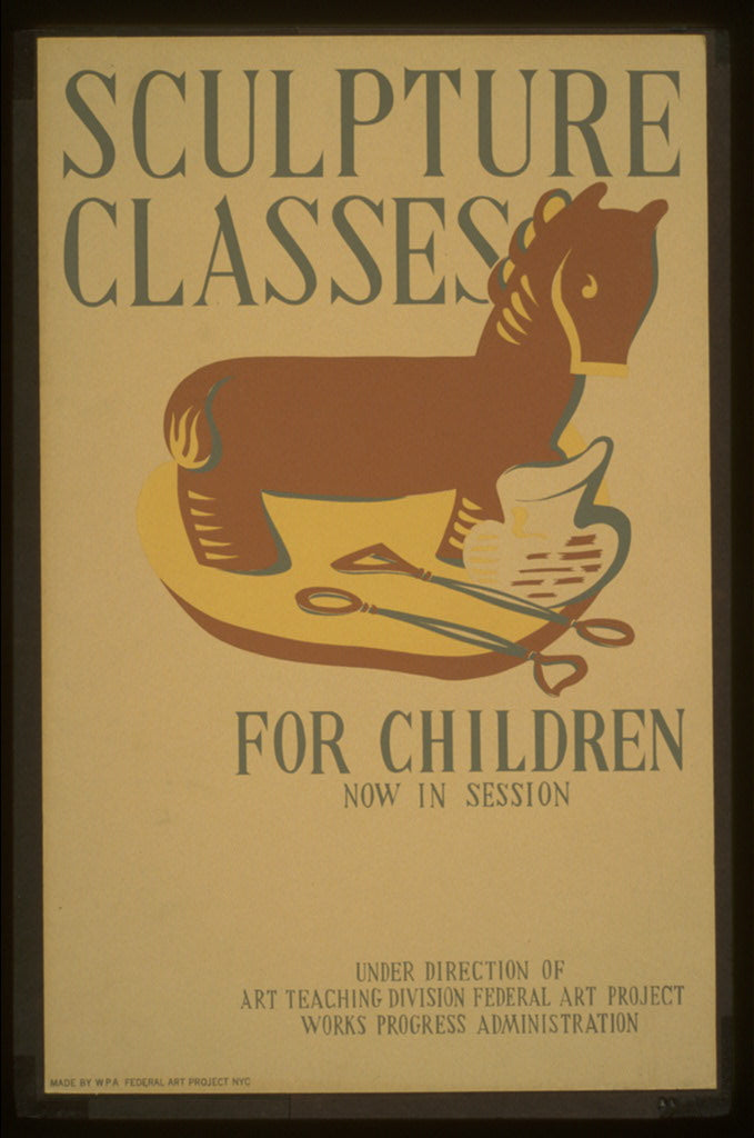 A picture of Sculpture classes for children now in session Under direction of Art Teaching Division, Federal Art Project, Works Progress Administration.