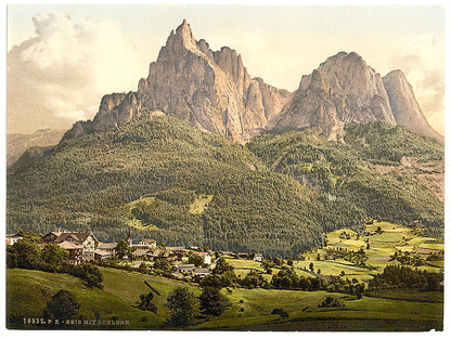 A picture of Seiz (i.e., Seis), with the Schlern, Tyrol, Austro-Hungary