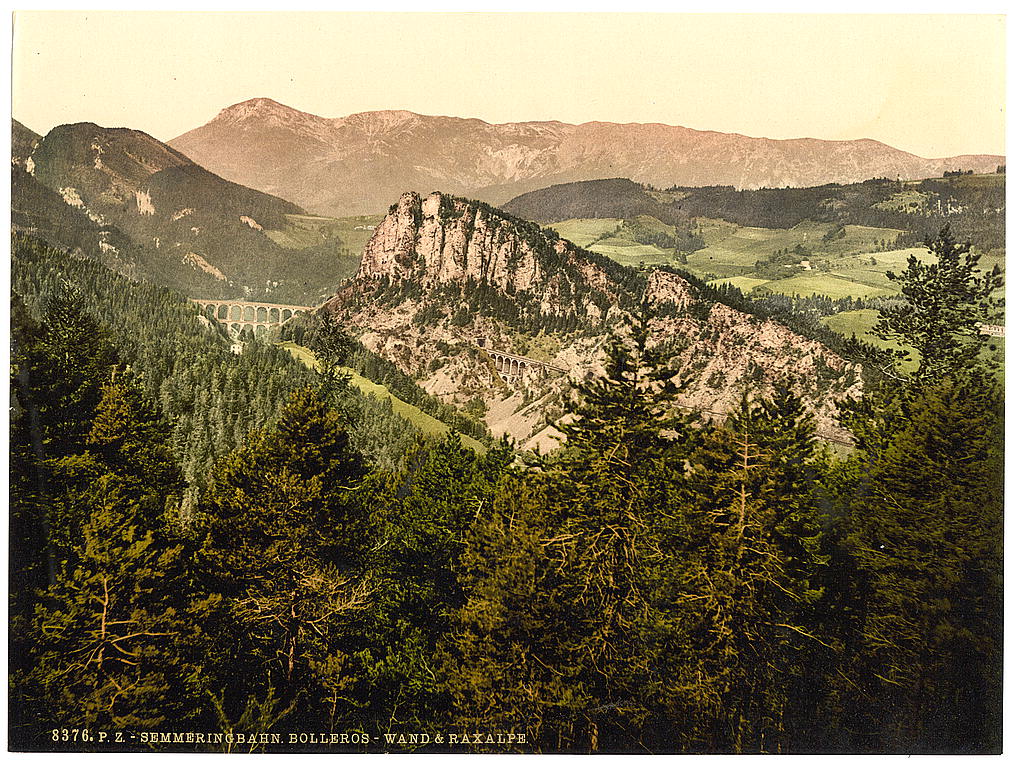 A picture of Semmering Railway, Bolleros Road and Rax Alp (i.e., Raxalpe), Styria, Austro-Hungary