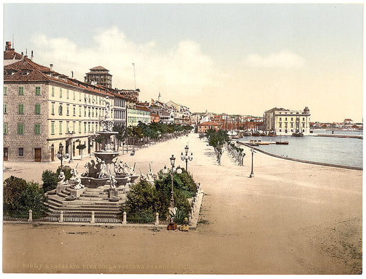 A picture of Spalato, the shore and Francisco Giuseppe's Fountain, Dalmatia, Austro-Hungary