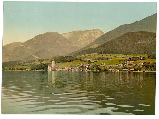 A picture of St. Wolfang (i.e., Wolfgang), from the lake, Upper Austria, Austro-Hungary