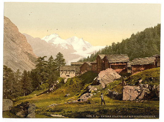 A picture of Staffel Alp and Rimpfischhorn, with chalets, Valais, Alps of, Switzerland