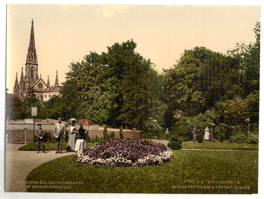 A picture of Steinbach Square and protestant church, Mulhausen, Alsace Lorraine, Germany