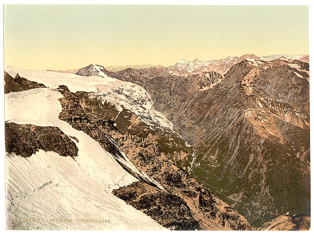 A picture of Stilferjoch (i.e., Stilfer Joch) Road, from Payerhutte, Tyrol, Austro-Hungary