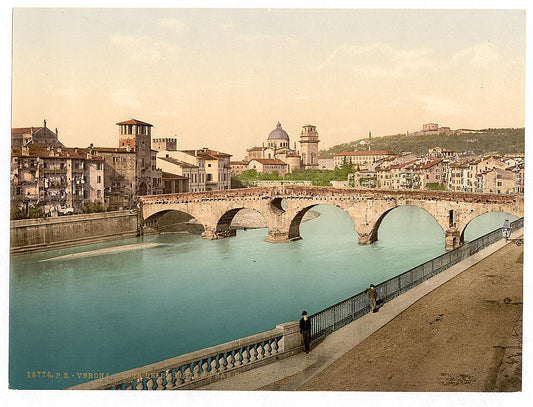 A picture of Stone bridge and San Giorgia (i.e., Giorgio), Verona, Italy