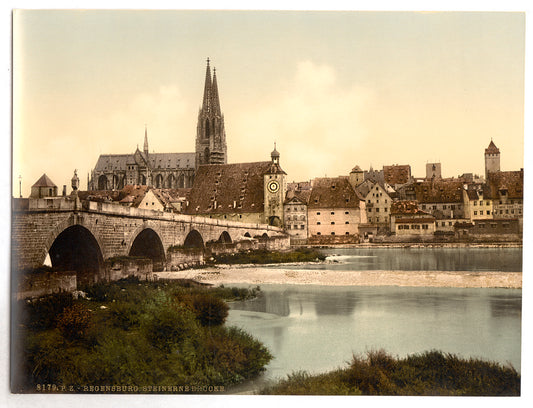 A picture of Stone Bridge (i.e. Steinerne Brücke) and cathedral, Ratisbon (Regensburg), Bavaria, Germany